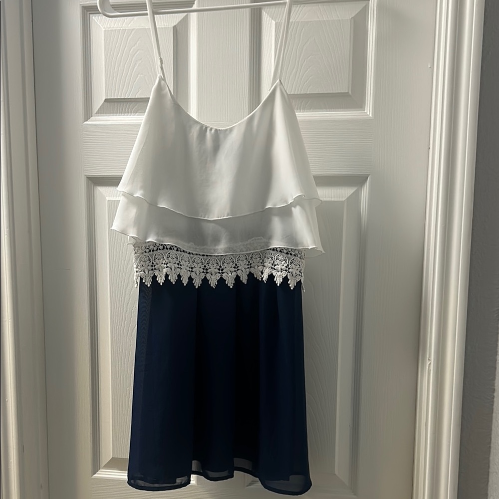 White and Navy Sleeveless Dress with Lace Trim